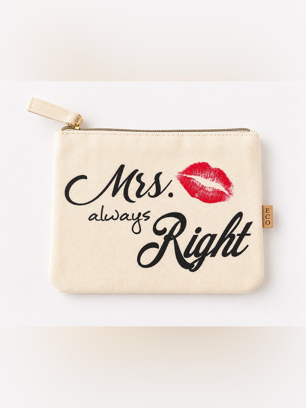 Mrs. Always Right Canvas Zip Pouch in Cream with Red Accent